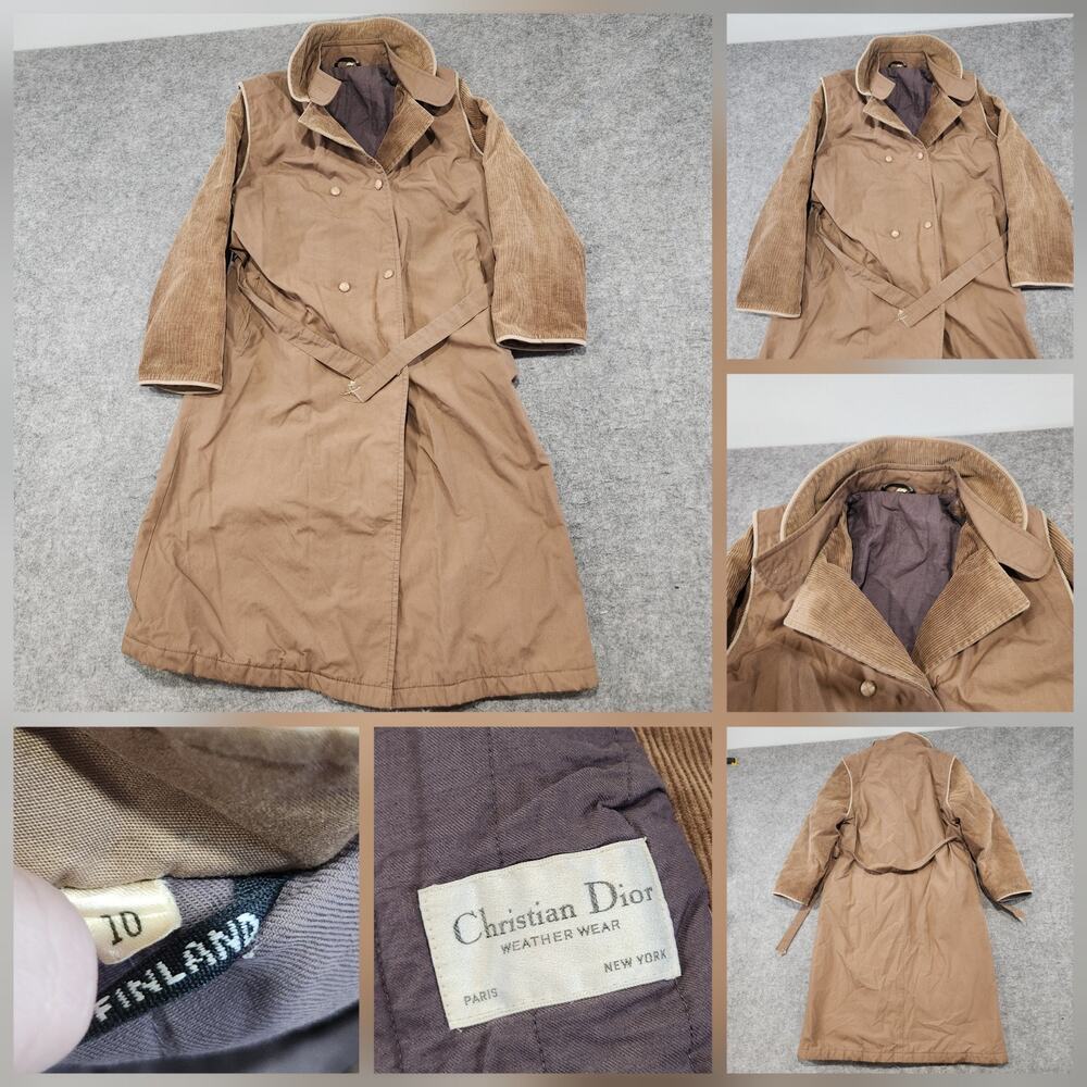 VTG Christian Dior Womens 10 Finland Belted Corduroy Pea Trench Coat Jacket